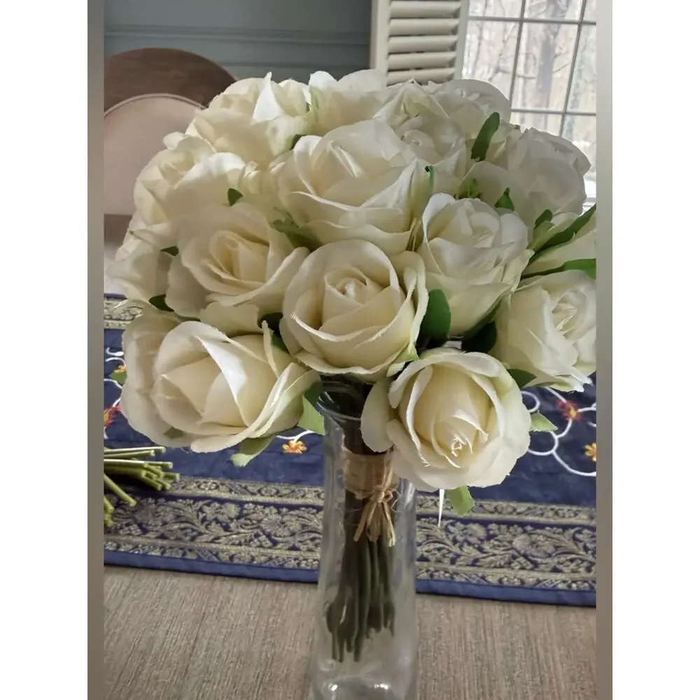 Faux Ivory Rose Bouquet Wedding Centerpiece Farmhouse Decor Floral Arrange